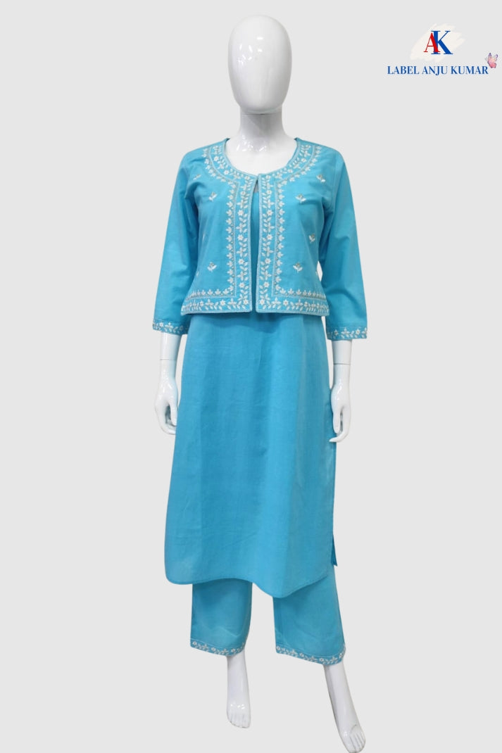 Ferozi Sky Pure Cotton Coord Set with Short Shrug & Thread Embroidery | Label Anju Kumar