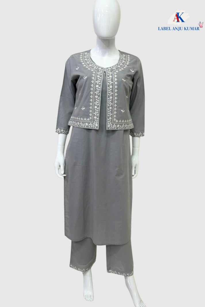 Grey Pure Cotton Coord Set with Short Shrug & Thread Embroidery | Label Anju Kumar