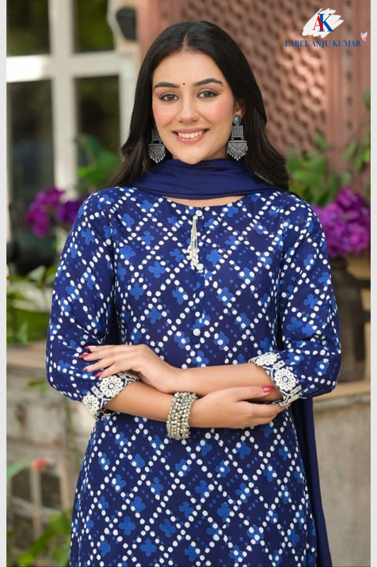 Blue Pure Muslin Straight Suit Dupatta Set with Hanging Detail & Shifli Embroidery | Label Anju Kumar