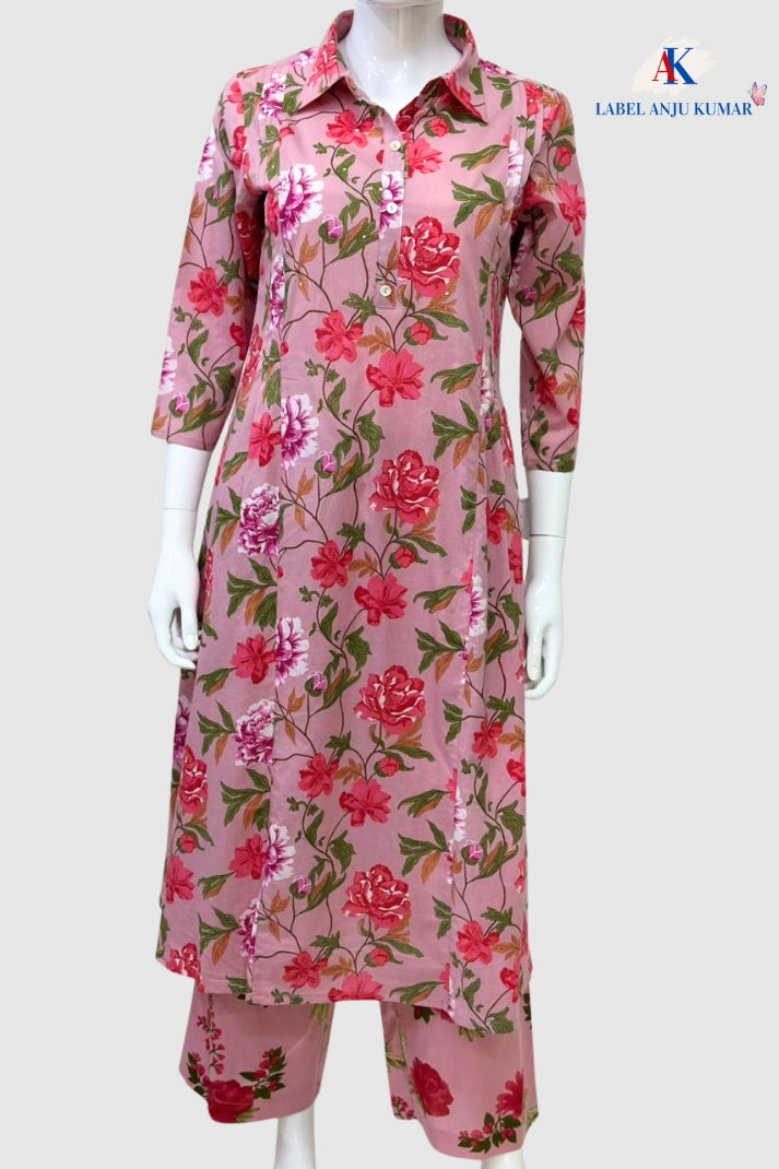 Pink Pure Cotton Printed Collar Style Coord Set | Label Anju Kumar