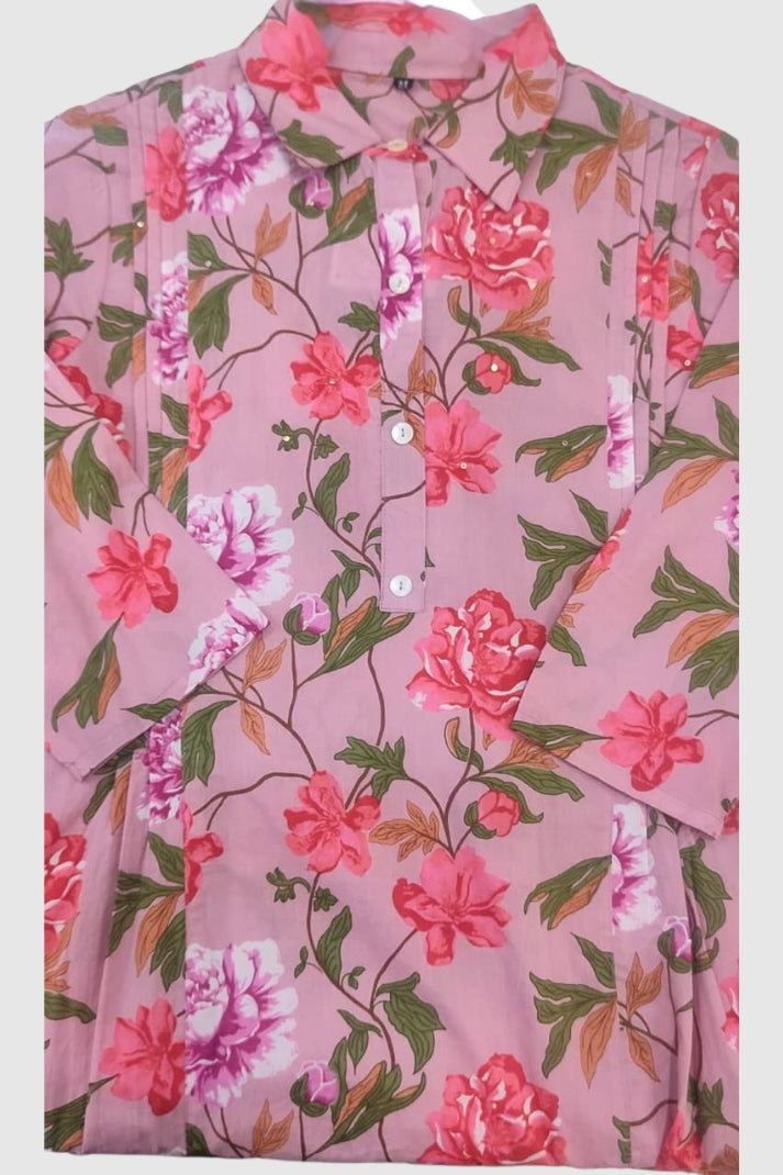 Pink Pure Cotton Printed Collar Style Coord Set | Label Anju Kumar