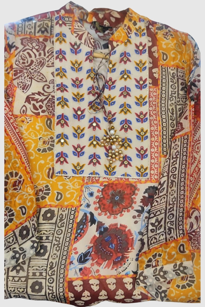 Multi-Colour Printed Semi-Organza Coord Set with Hand Embroidery | Label Anju Kumar