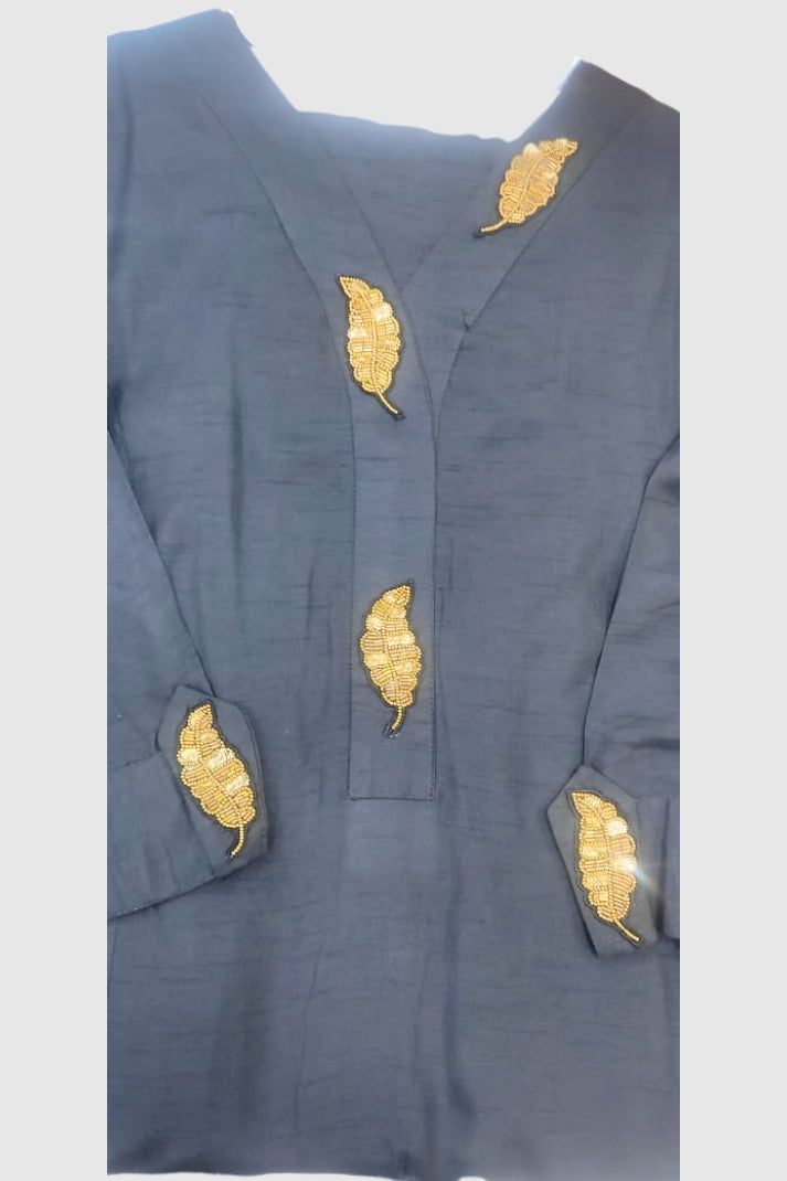 Black Dola Silk Coord Set with Hand Embroidery on Neck, Sleeves & Back | Label Anju Kumar