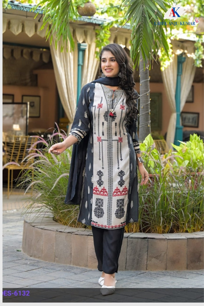 BLACK CREAM Pure Muslin Printed Straight Suit Dupatta Set with Highlight Neck Work | Label Anju Kumar