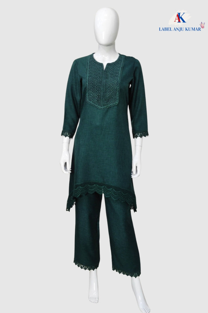 Green Cotton Lilen Coord Set with Round Neck & Lace Detailing | Label Anju Kumar