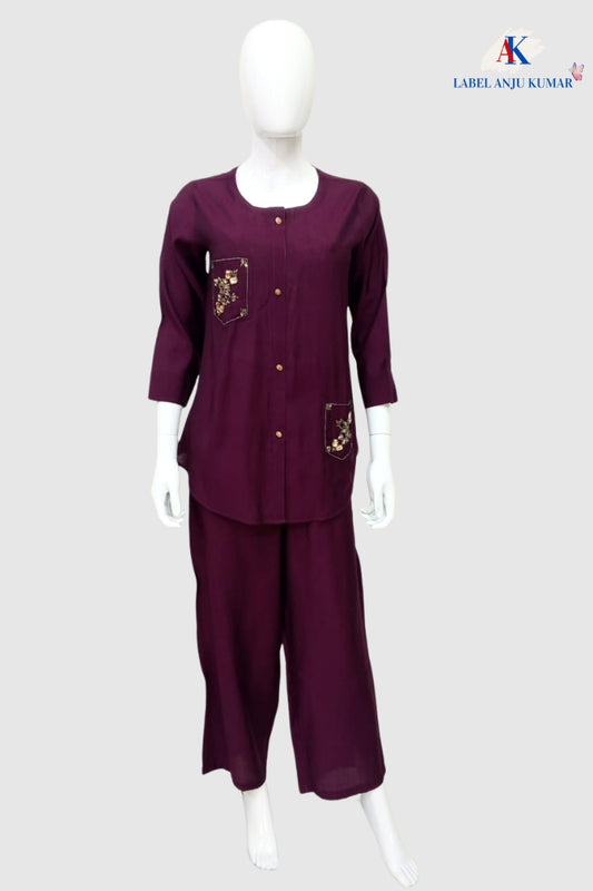 Wine Pure Muslin Coord Set with Hand Embroidery | Label Anju Kumar