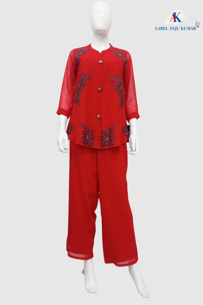 Red Georgette Coord Set with Aari Thread Work & Straight Trousers | Label Anju Kumar