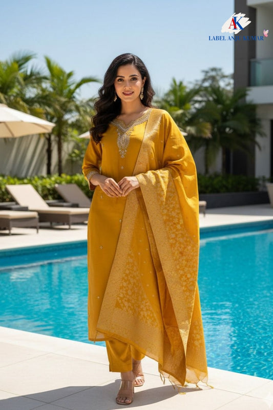 Yellow Silk Straight Suit Dupatta Set with Banarasi Dupatta & Hand Embroidery | Label Anju Kumar