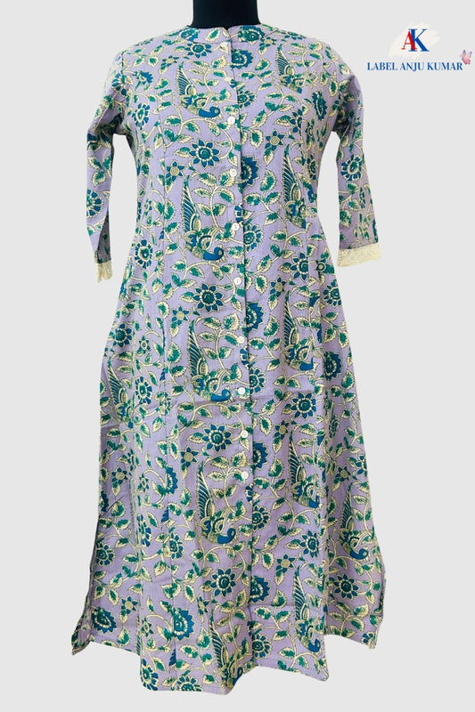 Mauve printed  Khadi Cotton A-Line Kurti with Pockets & Lace Sleeve Detailing | Label Anju Kumar