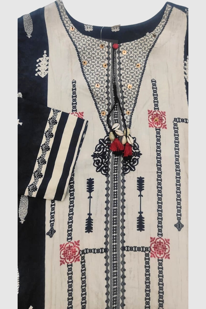 BLACK CREAM Pure Muslin Printed Straight Suit Dupatta Set with Highlight Neck Work | Label Anju Kumar