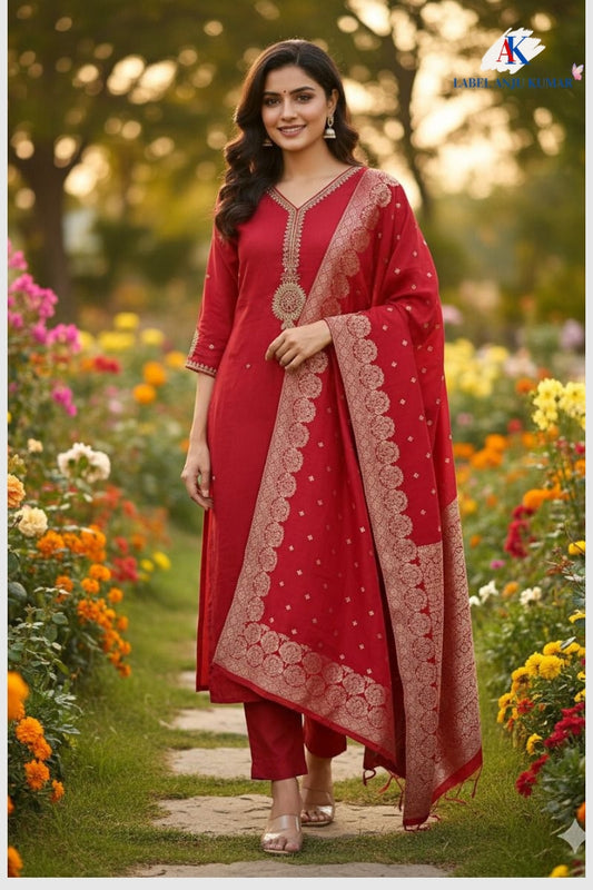 Red Silk Straight Suit Dupatta Set with Banarasi Dupatta & Hand Embroidery | Label Anju Kumar