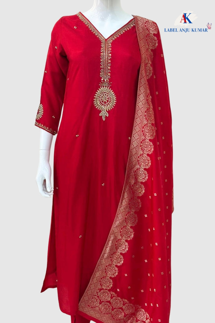 Red Silk Straight Suit Dupatta Set with Banarasi Dupatta & Hand Embroidery | Label Anju Kumar