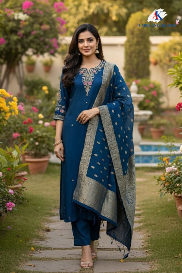 Blue Silk Straight Suit Dupatta Set with Banarasi Dupatta & Hand Embroidery | Label Anju Kumar