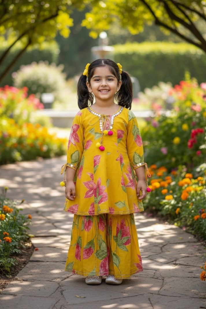 Yellow Pure Cotton Kids Anarkali + Sharara Set with Net Dupatta | Label Anju Kumar Kids