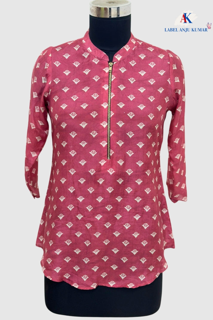 Multi-Colour Print Pure Muslin Short Kurti with Front Zip Opening | Label Anju Kumar