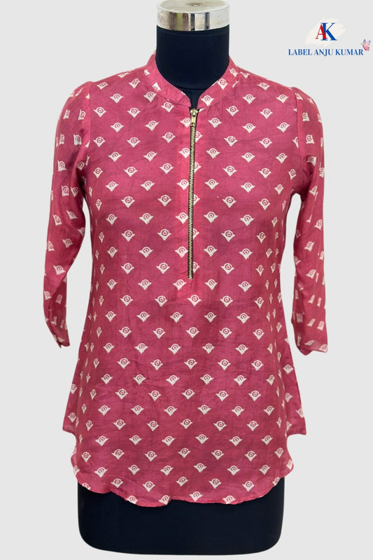 Multi-Colour Print Pure Muslin Short Kurti with Front Zip Opening | Label Anju Kumar
