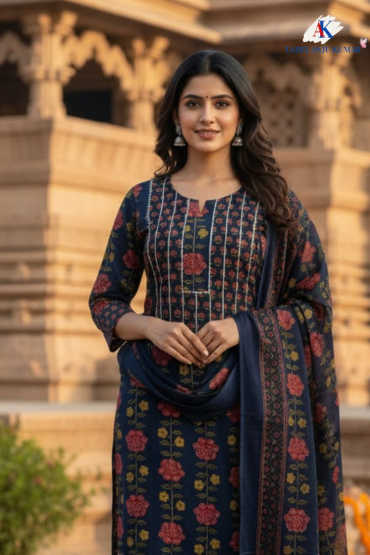 Blue Cotton Straight Suit with Farshi Salwar & Dupatta | Gota Lace Detail | Label Anju Kumar