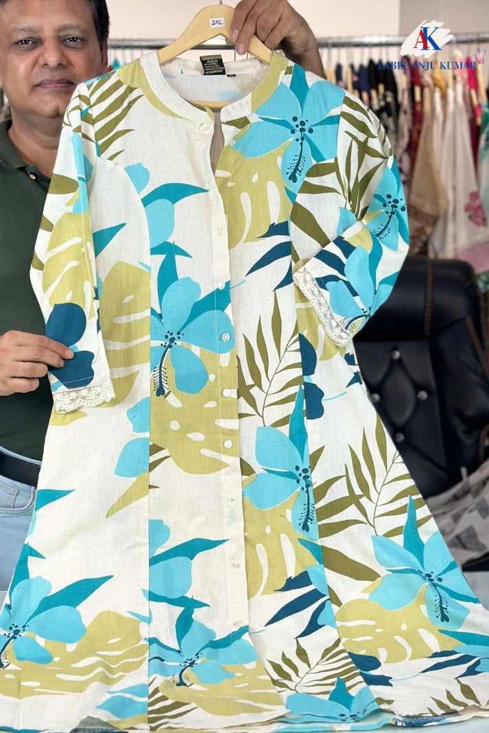 Printed A-Line Kurti with Pockets | Soft Khadi Cotton Ethnic Wear (M–5XL)