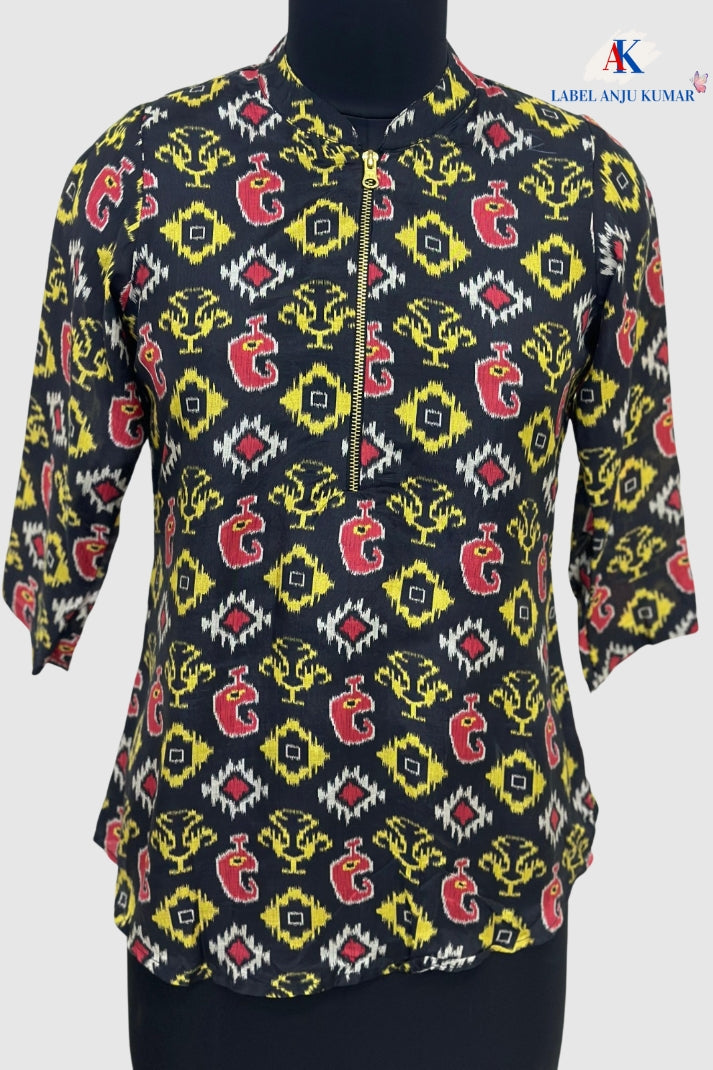 Multi-Colour Print Pure Muslin Short Kurti with Front Zip Opening | Label Anju Kumar