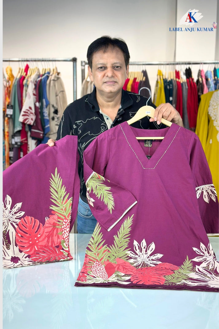 Wine Pure Cotton Coord Set for Women | V-Neck Kurti with Dori Work | Ethnic Wear Set | M to 3XL