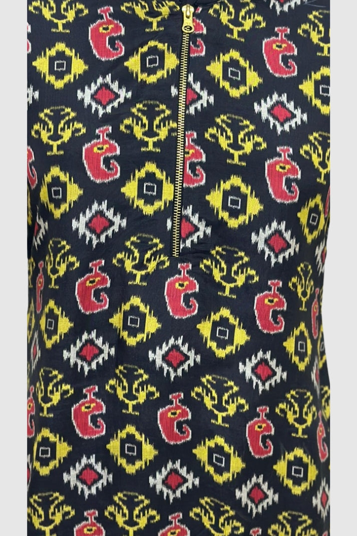 Multi-Colour Print Pure Muslin Short Kurti with Front Zip Opening | Label Anju Kumar