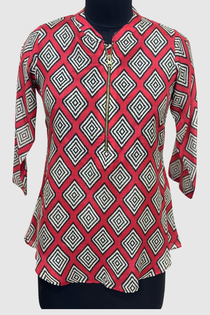 Multi-Colour Print Pure Muslin Short Kurti with Front Zip Opening | Label Anju Kumar