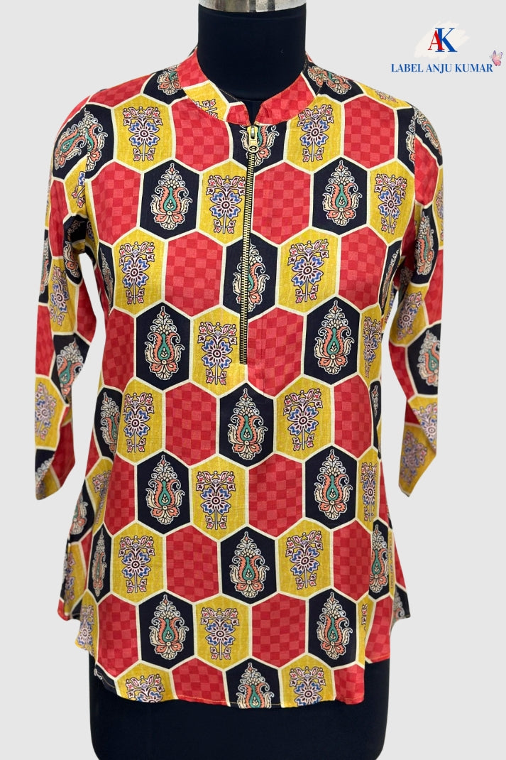 Multi-Colour Print Pure Muslin Short Kurti with Front Zip Opening | Label Anju Kumar