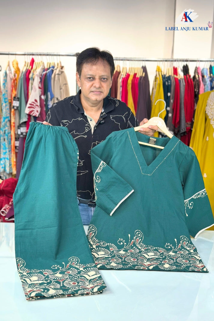 Green Pure Cotton Coord Set for Women | V-Neck Kurti with Dori Work | Ethnic Wear Set | M to 3XL