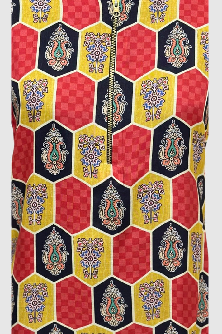 Multi-Colour Print Pure Muslin Short Kurti with Front Zip Opening | Label Anju Kumar