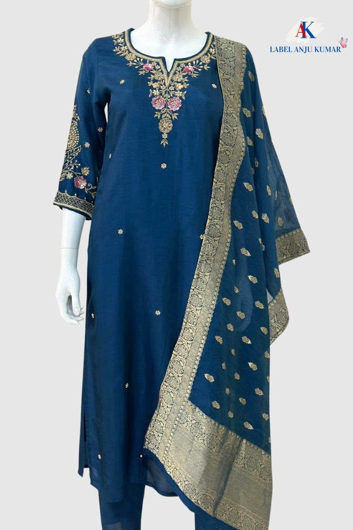 Blue Silk Straight Suit Dupatta Set with Banarasi Dupatta & Hand Embroidery | Label Anju Kumar