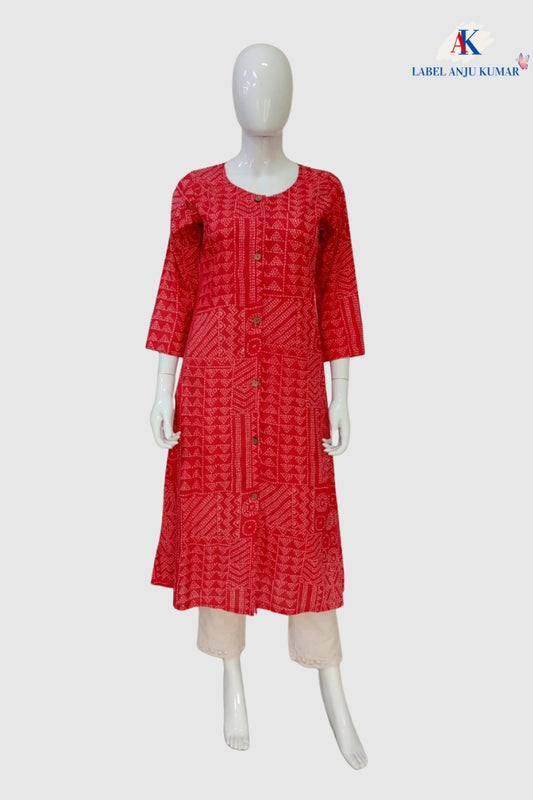 Mix Printed Cotton A-Line Kurti with Pockets & Round Neck | Label Anju Kumar