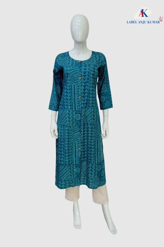 Mix Printed Cotton A-Line Kurti with Pockets & Round Neck | Label Anju Kumar