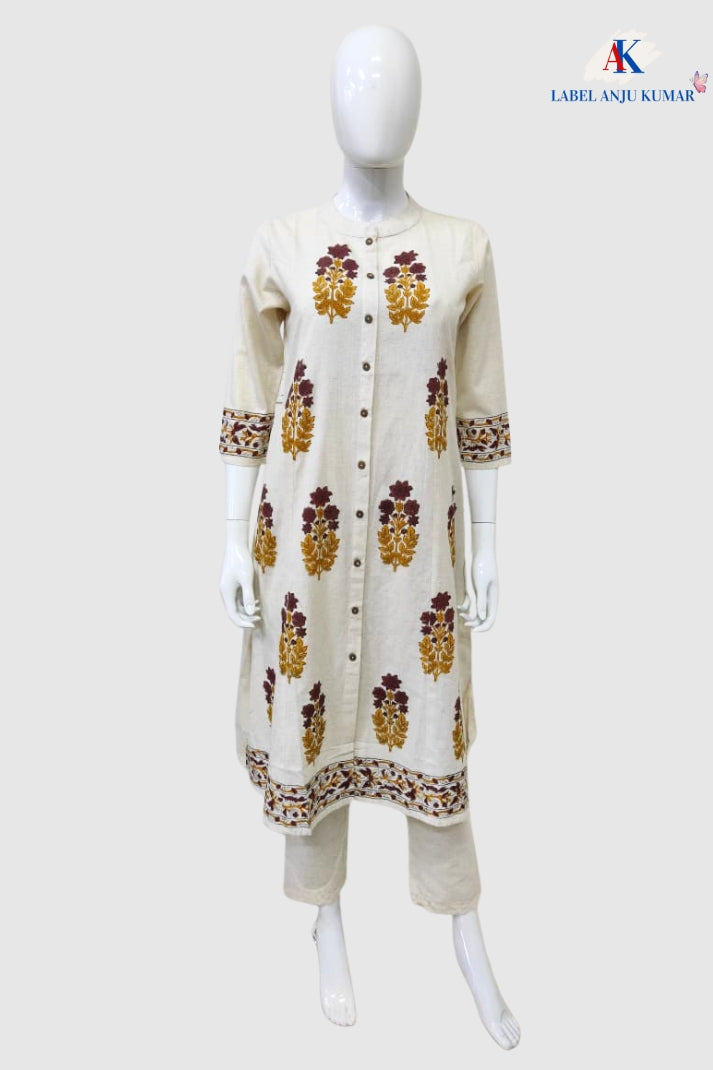 Off White Khadi Cotton A-Line Kurti with Pockets & Floral Hand Block Print | Label Anju Kumar