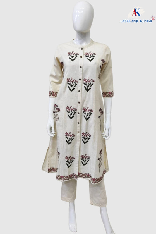 Off White Khadi Cotton A-Line Kurti with Pockets & Floral Hand Block Print | Label Anju Kumar
