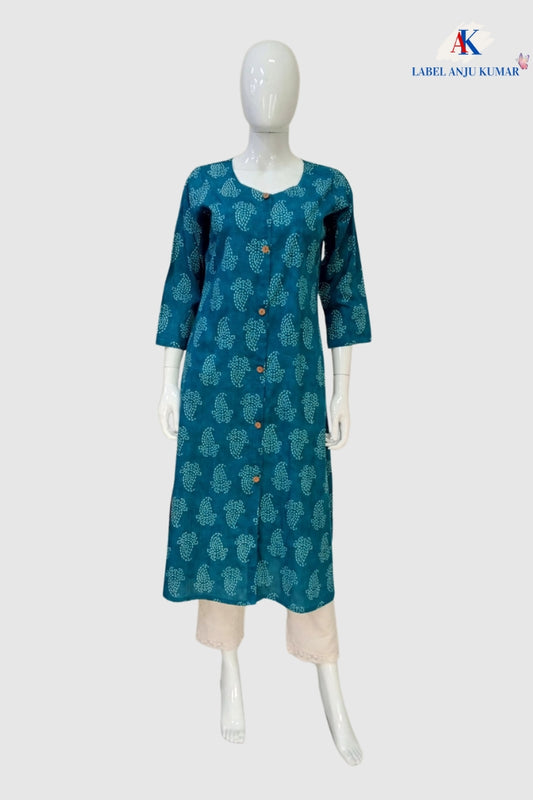 Mix Printed Cotton A-Line Kurti with Pockets & Round Neck | Label Anju Kumar