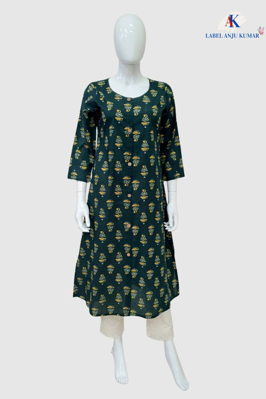 Mix Printed Cotton A-Line Kurti with Pockets & Round Neck | Label Anju Kumar