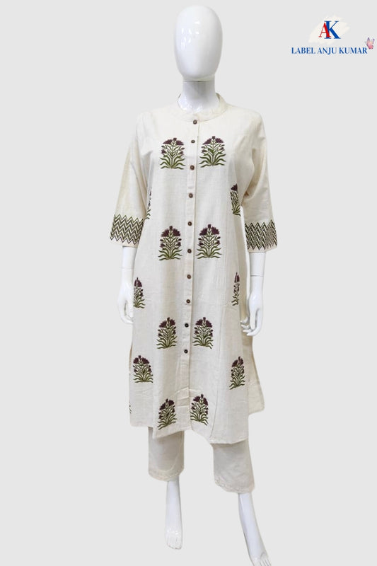 Off White Khadi Cotton A-Line Kurti with Pockets & Floral Hand Block Print | Label Anju Kumar