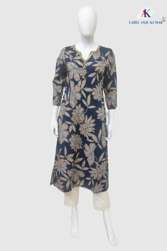Navy Blue Cotton Printed Straight Kurti with Lace Neck Detailing | Label Anju Kumar