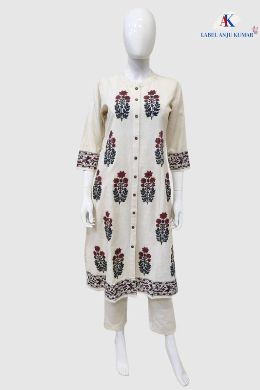 Off White Khadi Cotton A-Line Kurti with Pockets & Floral Hand Block Print | Label Anju Kumar