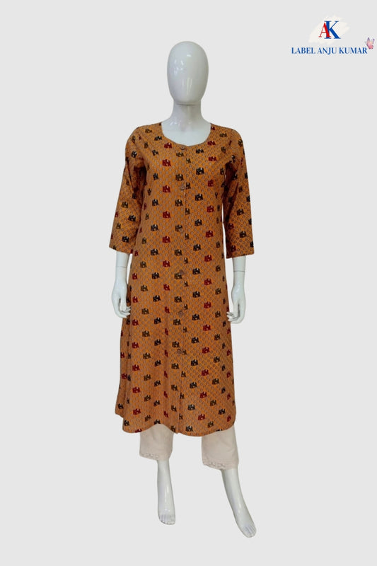 Mix Printed Cotton A-Line Kurti with Pockets & Round Neck | Label Anju Kumar