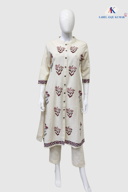 Off White Khadi Cotton A-Line Kurti with Pockets & Floral Hand Block Print | Label Anju Kumar