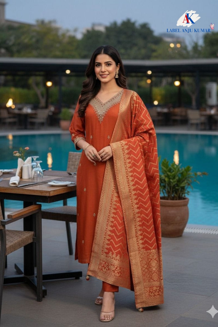 Rust Silk Straight Suit Dupatta Set with Banarasi Dupatta & Hand Embroidery | Label Anju Kumar