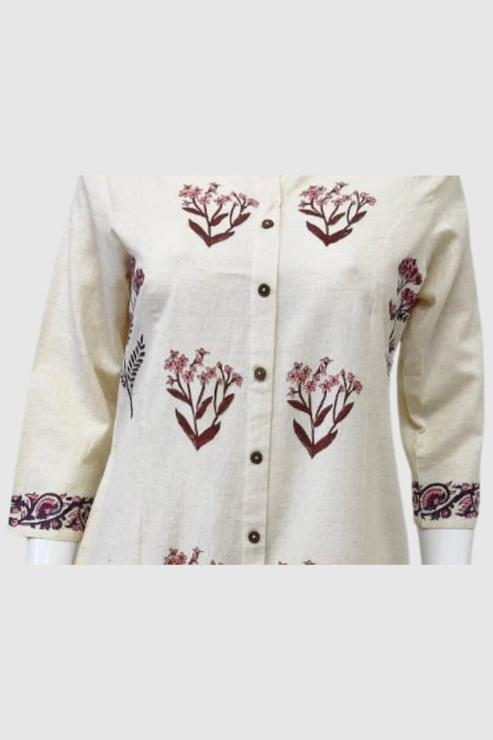 Off White Khadi Cotton A-Line Kurti with Pockets & Floral Hand Block Print | Label Anju Kumar