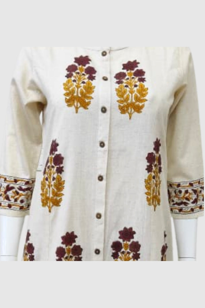 Off White Khadi Cotton A-Line Kurti with Pockets & Floral Hand Block Print | Label Anju Kumar