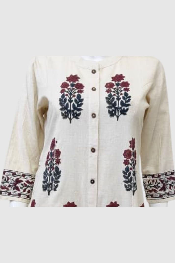 Off White Khadi Cotton A-Line Kurti with Pockets & Floral Hand Block Print | Label Anju Kumar