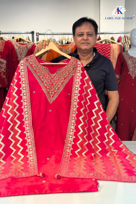Majenta Silk Suit Dupatta Set with Banarasi Dupatta | Label Anju Kumar