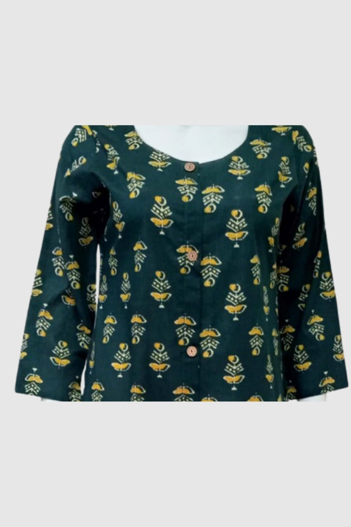 Mix Printed Cotton A-Line Kurti with Pockets & Round Neck | Label Anju Kumar