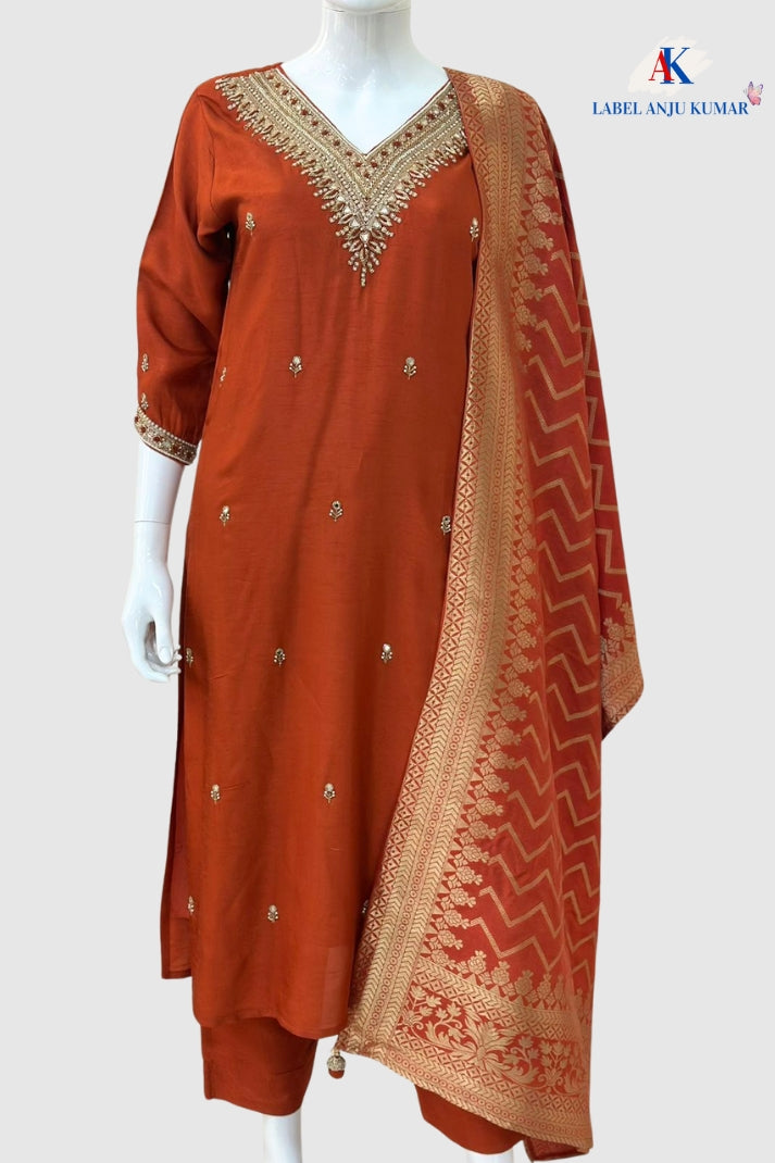 Rust Silk Straight Suit Dupatta Set with Banarasi Dupatta & Hand Embroidery | Label Anju Kumar