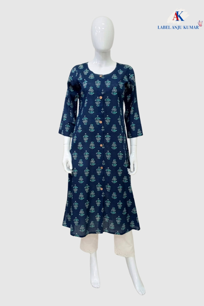 Mix Printed Cotton A-Line Kurti with Pockets & Round Neck | Label Anju Kumar