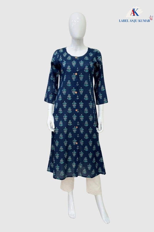 Mix Printed Cotton A-Line Kurti with Pockets & Round Neck | Label Anju Kumar
